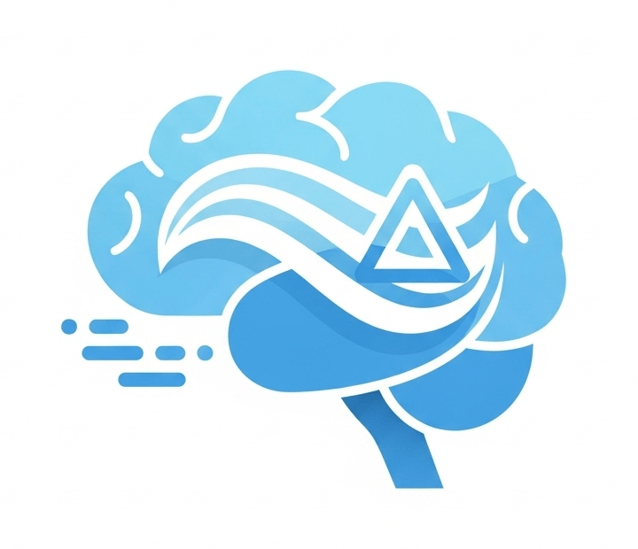 Logo de Calma Digital. Un cerebro humano estilizado en tonos de azul, con ondas fluyendo desde el centro y la forma de un triángulo en la parte superior, simbolizando tranquilidad y protección digital.